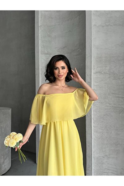 Bella Breeze Kadın Volanlı Omzu Açık Uzun Abiye Elbise