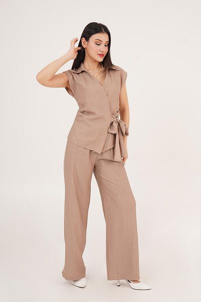 Hipo Trend Side Tie Camel Blouse Trousers Double Set