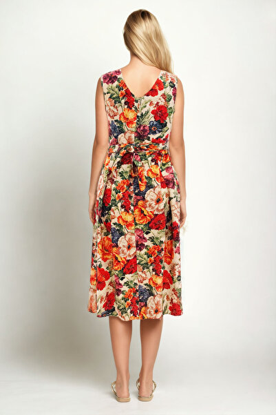 Vitrin Floral Pattern V Neck Pleated Tie Waist Dress