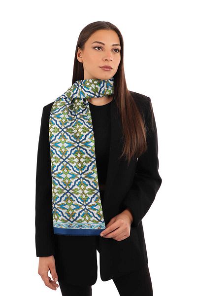 Bursa İpek Navy Blue Ivy Pattern Voile Silk Scarf
