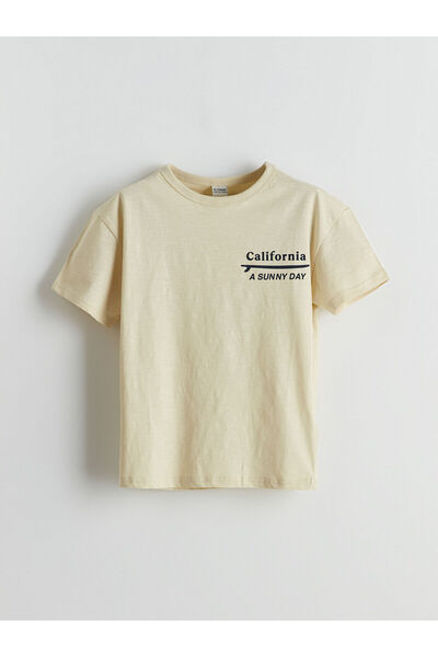 LC Waikiki Tricou pentru băieți cu imprimeu California LCW Kids Beige Crew Deck