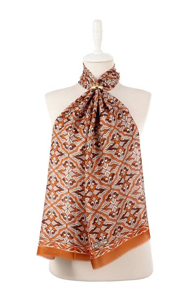 Bursa İpek Cinnamon Ivy Pattern Voile Silk Scarf