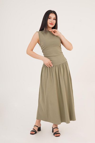 Hipo Trend Sleeveless Khaki Long Dress with Side Gather Detail