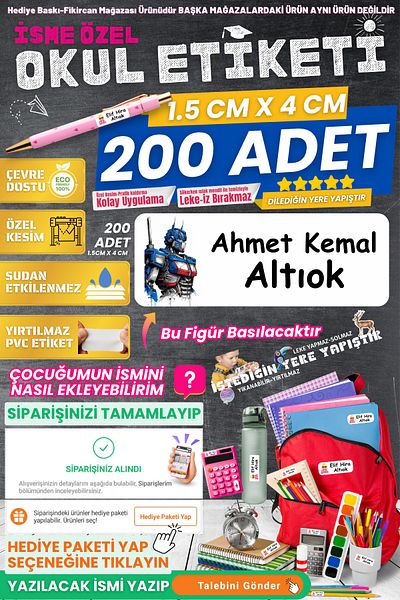 FİKİRCAN Fikircan-Name Custom School Label-Transformers 200 Pieces - Odorless Ecological Ink Pvc Sticker