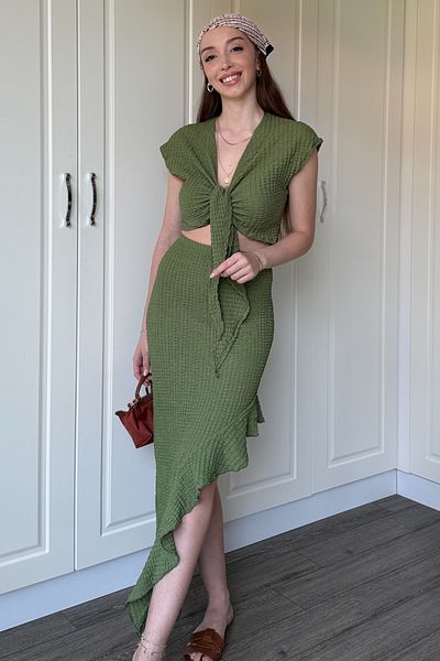 ereskiga Ruffle Detailed Khaki Seersucker Fabric Skirt Suit