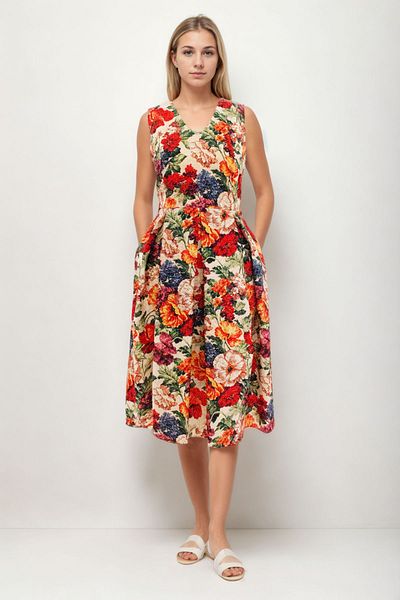 Vitrin Floral Pattern V Neck Pleated Tie Waist Dress