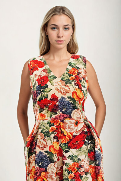 Vitrin Floral Pattern V Neck Pleated Tie Waist Dress