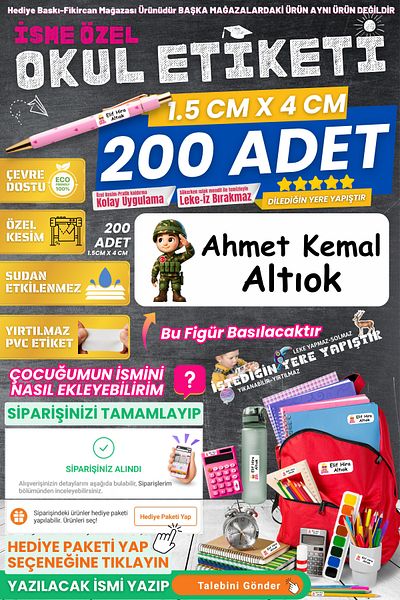 FİKİRCAN Fikircan-Name Custom School Label-Asker 200 Pieces - Odorless Ecological Ink Pvc Label