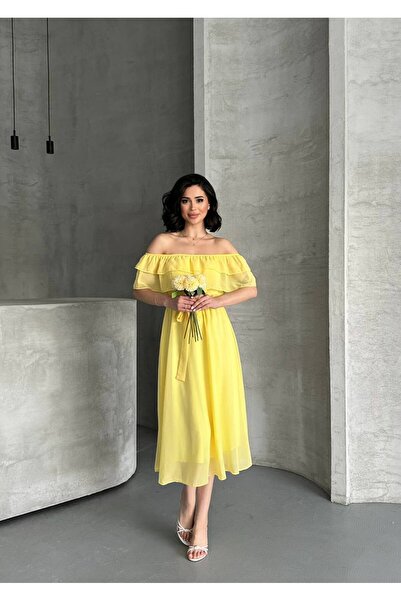 Bella Breeze Women's Elegant Sash Detailed Chiffon Midi Dress