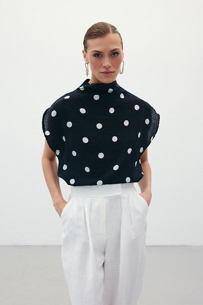 Sateen Polka Dot Patterned Blouse - Black
