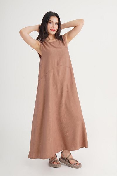 Hipo Trend Crinkle Brown Sleeveless Dress with Crew Neck Pocket