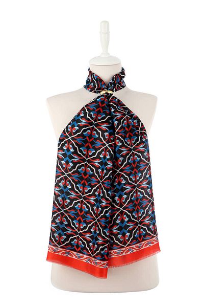 Bursa İpek Red Ivy Pattern Voile Silk Scarf