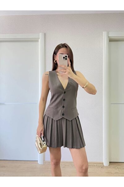 ELLA Linen Suit Look Mini Dress with Button Detail Vest - Claret Red