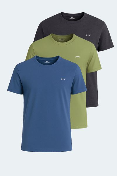 Slazenger KRATER Σετ 3 ανδρικά μπλουζάκια Σκούρο Γκρι - Ανοιχτό Πράσινο - Ινδικό