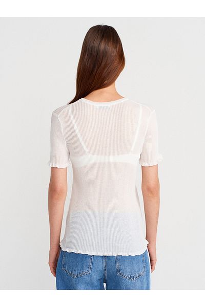 Dilvin 10783 Crew Neck Ruffled Slim Knitwear Blouse-Ecru