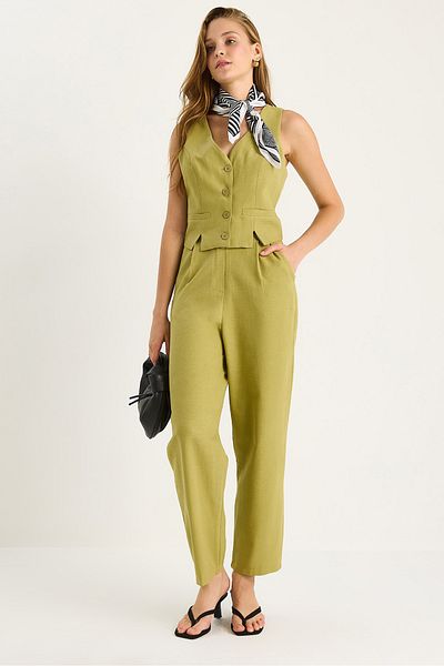 Bianco Lucci Women's Slit Detailed Vest Loose Pants Linen Bottom-Top Set 9359 60281082