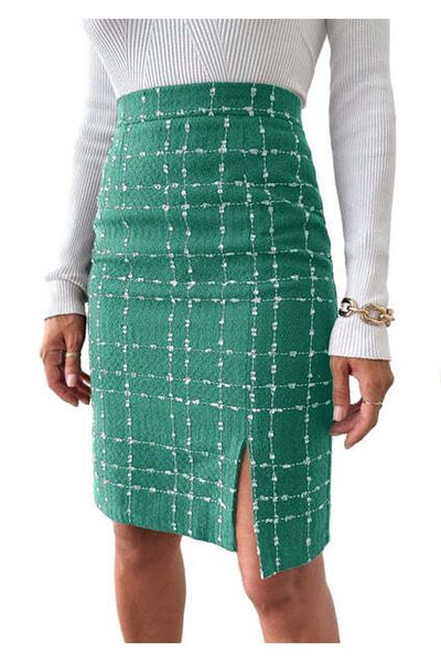 StreetWear Outlet Fustă de tweed pentru femei cu model tartan și crăpătură frontală