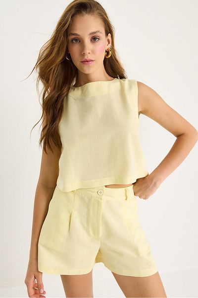 Bianco Lucci Women's Thick Strap Blouse High Waist Pocket Detailed Shorts Linen Suit 9307 60281085