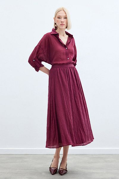 Sateen Kraşlı Flared Skirt - Burgundy