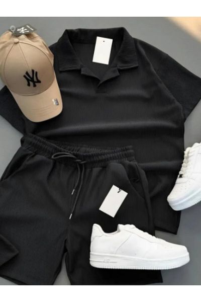 Sende Yakala Ribbed Ottoman Premium Fabric Polo Neck Unisex T-Shirt and Shorts Set