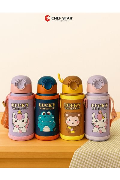 Chefstar Cute Animal Figure Children's Thermos with Carrying Strap – Non-Toxic, Cheerful and Convenient Design