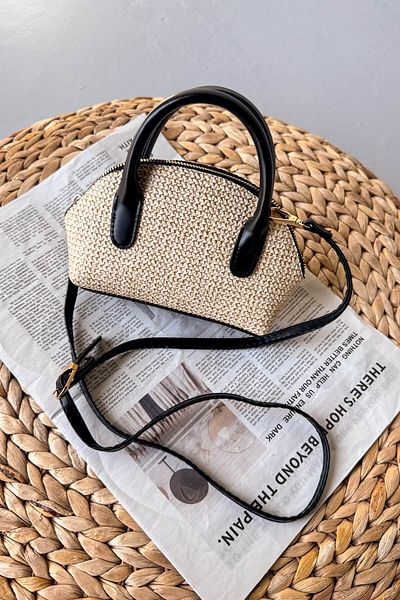 Cappmoda ÇNT-3035 Mini geantă neagră cu mâner texturat din paie