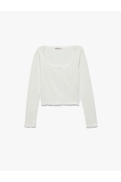 Koton Top de pijama din bumbac, slim fit, cu mâneci lungi, cu decolteu în U