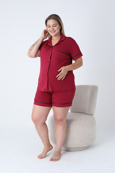 Miss Dünya Lissa Shirt Collar Front Buttoned Plus Size Shorts Knitted Fabric Pajama Set