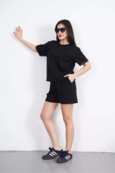 CVS Osy Modal Soft Textured Fabric Women's Crew Neck T-Shirt Short Shorts Two Piece Set - Black