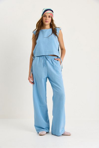 Bianco Lucci Women's Padded Side Tie Blouse with Elastic Waist Loose Trousers Linen Suit 9389 60281084