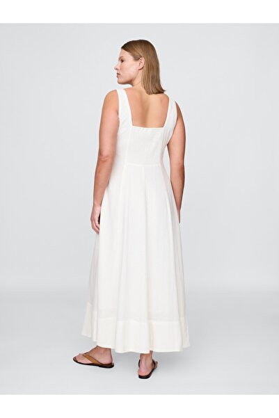 GAP Kadın Beyaz Keten Karışımlı Kare Yaka Maxi Elbise