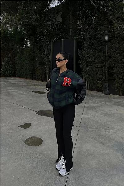Silerra Jachetă de colegiu brodata cu model Gingham pentru femei - kaki