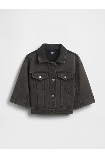 GAP Kadın Siyah Heavyweight Fransız Havlu Kumaş Denim Kısa Ceket