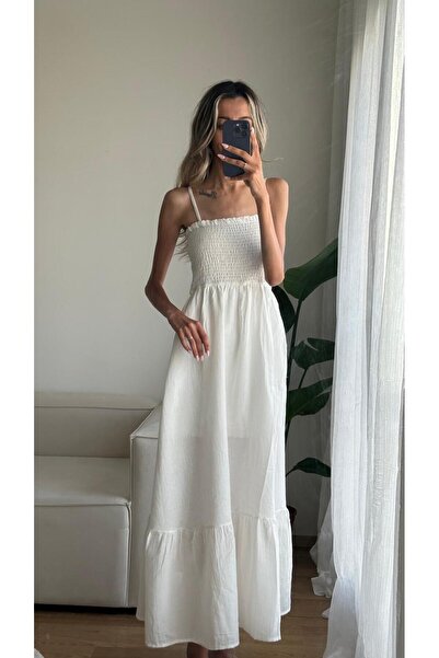 MODA فستان من الكتان مع حمالات