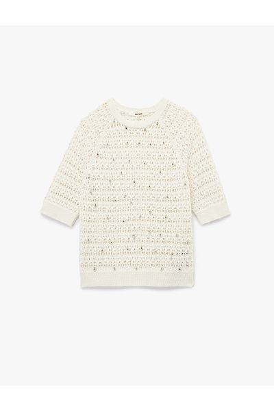 Koton Short Sleeve Crew Neck Beaded Openwork Knit Sweater