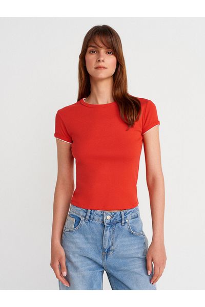 Dilvin 31750 Contrast Short Sleeve Tshirt-Red