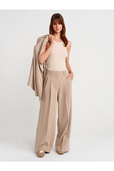 Dilvin 71606 Extra Wide Leg Adjustable Trousers-Light Beige