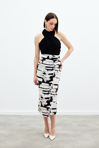 Sateen Patterned Linen Pencil Skirt - Black