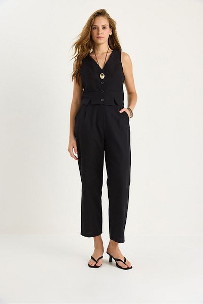 Bianco Lucci Women's Slit Detailed Vest Loose Pants Linen Bottom-Top Set 9359 60281082