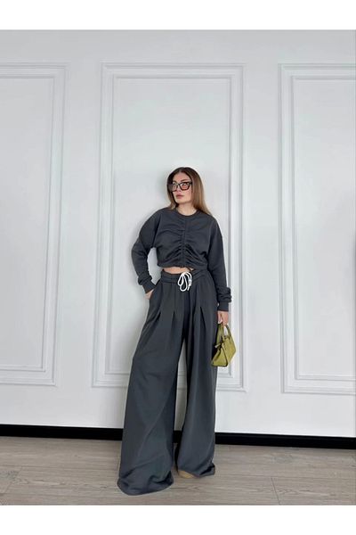 ASFSTORE Long Sleeve Front Drawstring Crop and Trousers Double Set - Anthracite