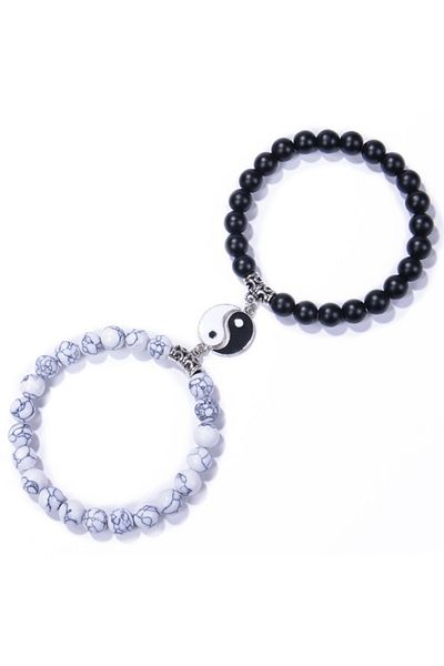 VOLY Set of 2 bracelets made of black and white natural stones with yin yang pendant