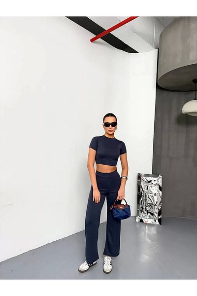 CanselButik Osy Modal Soft Textured Fabric Short Sleeve Crop Bottom Flared Leg Trousers Double Set - Smoked