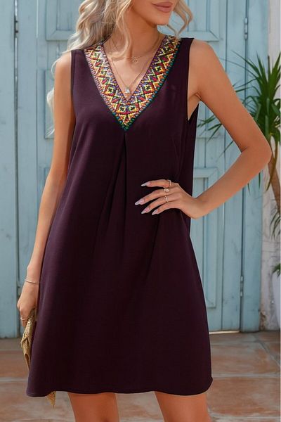 Modayakamoz New Season Women's Zero Sleeve Ethnic Pattern V-Neck Viscose Dress