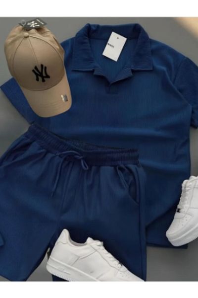 Sende Yakala Ribbed Ottoman Premium Fabric Polo Neck Unisex T-Shirt and Shorts Set