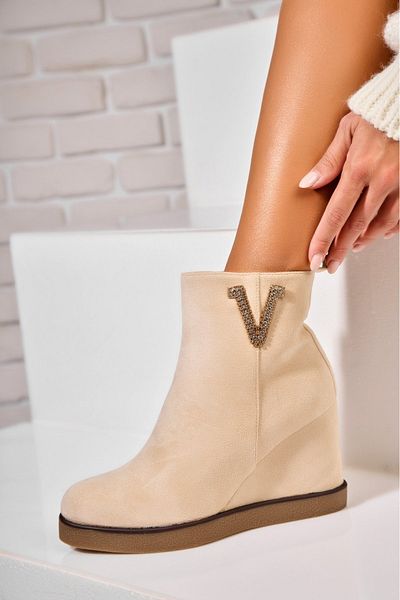 Joana Women's Beige Fur-lined Ankle Boots Made of Eco-Suede Leather Estella