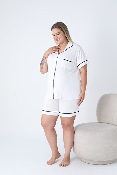 Miss Dünya Lissa Shirt Collar Front Buttoned Plus Size Shorts Knitted Fabric Pajama Set