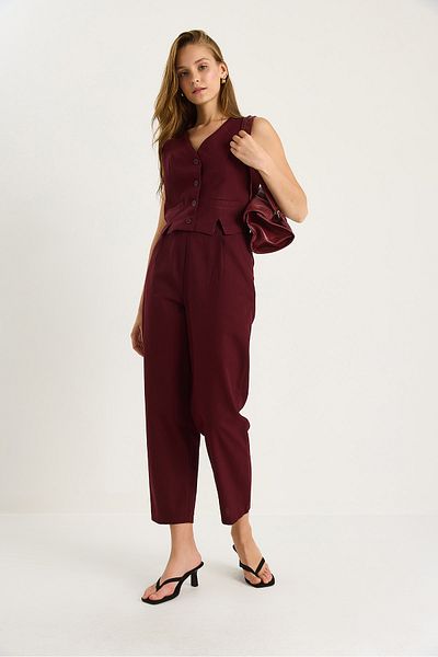 Bianco Lucci Women's Slit Detailed Vest Loose Pants Linen Bottom-Top Set 9359 60281082