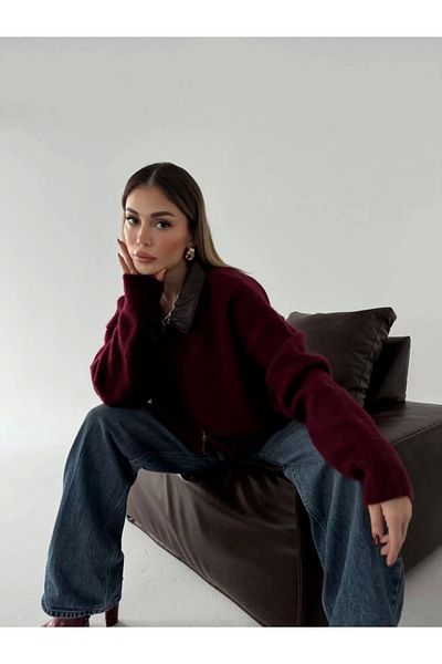 Silerra Jachetă de lucru cu fermoar pe două fețe, cu guler din piele, textura de bumbac - Roșu Claret