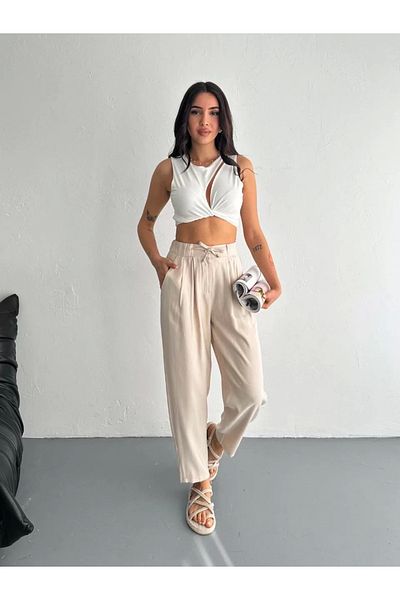 BBbutik Women's High Waist Lace-Up Comfortable Pipe Leg Pants - Off White