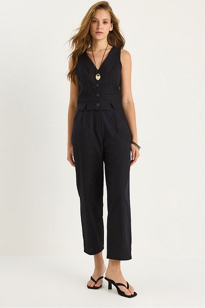 Bianco Lucci Women's Slit Detailed Vest Loose Pants Linen Bottom-Top Set 9359 60281082